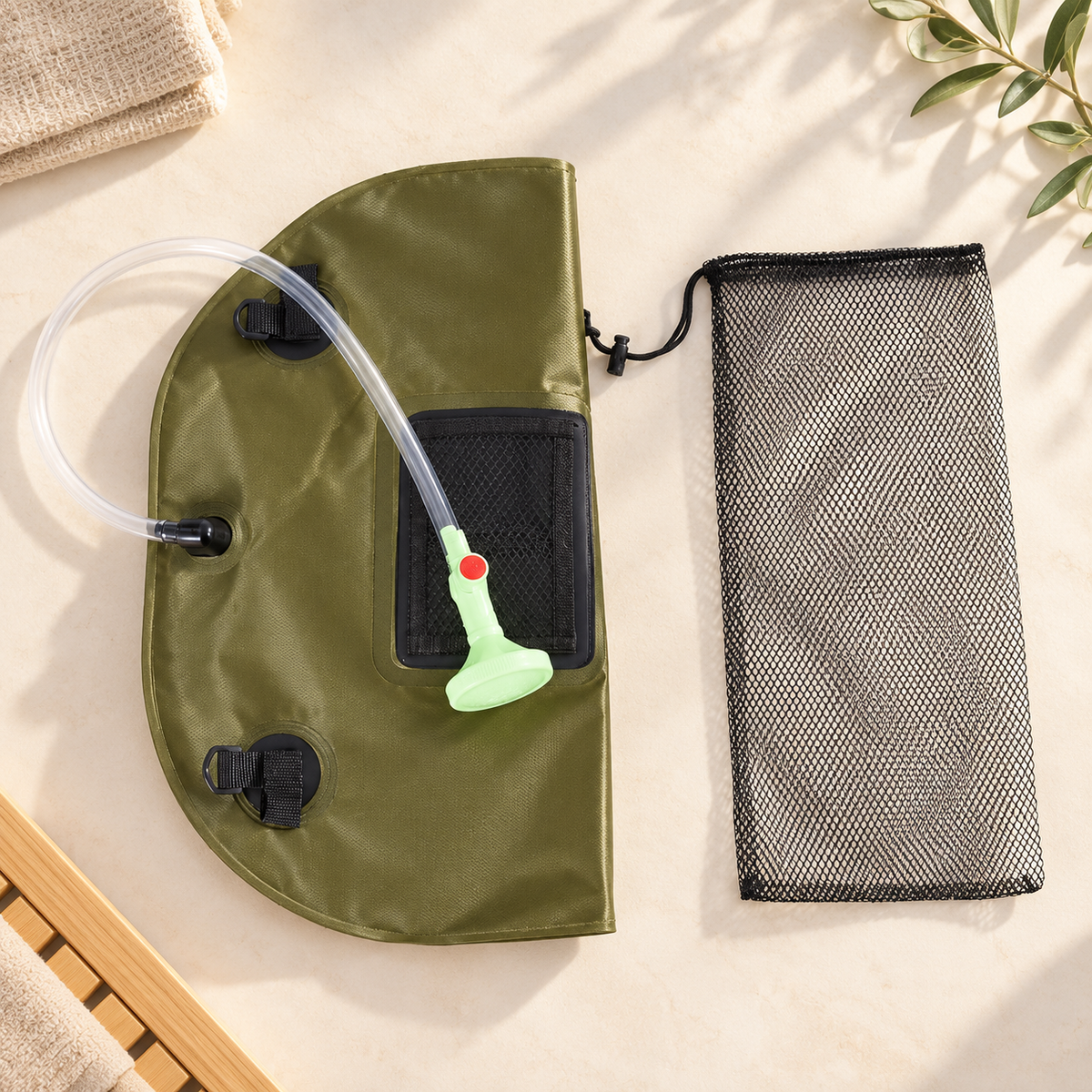 Camping Shower Bag — Olive — product view — product illustration