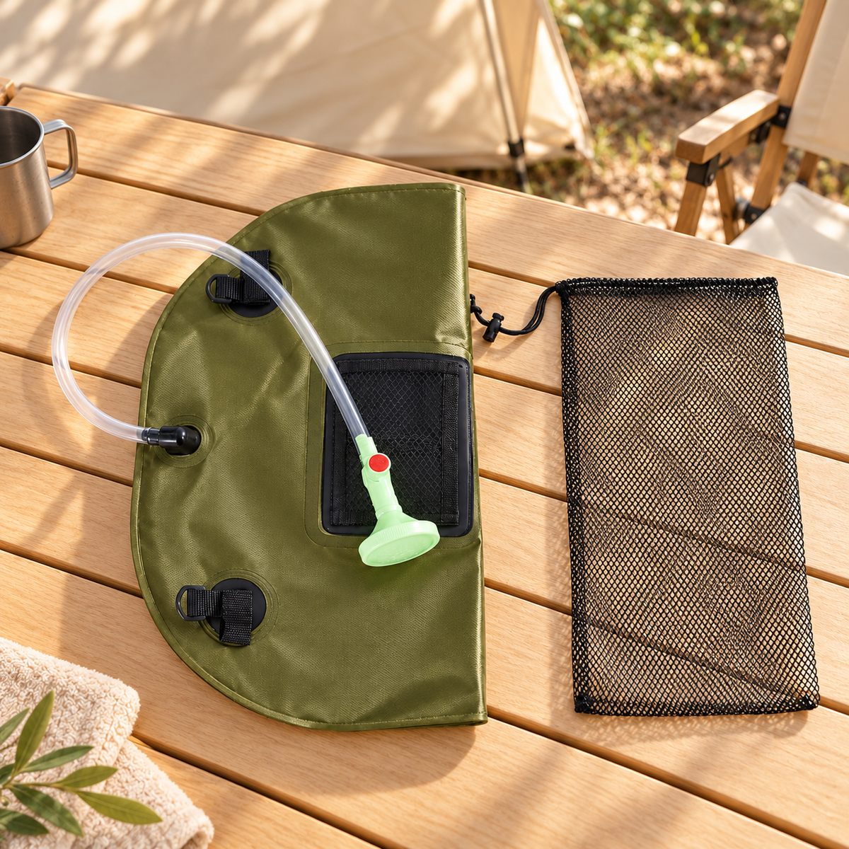 Camping Shower Bag — Olive — styled scene — product illustration