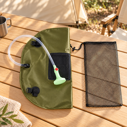 Camping Shower Bag — Olive — styled scene — product illustration