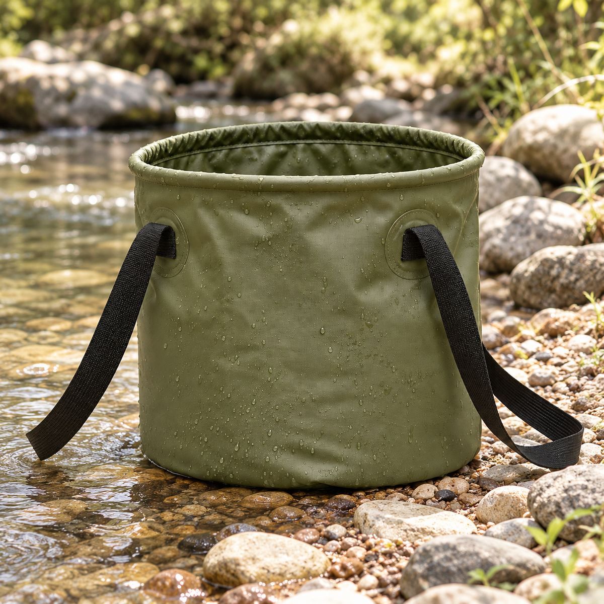 Collapsible Outdoor Bucket — Olive — styled scene — product illustration