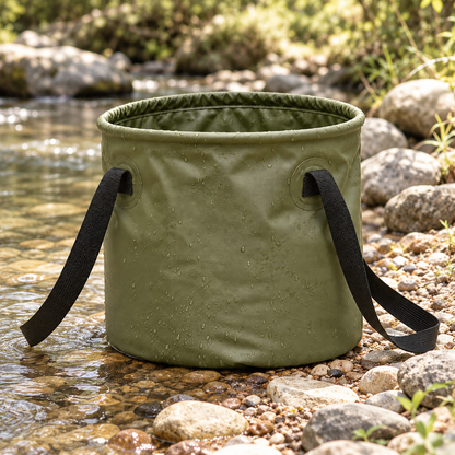 Collapsible Outdoor Bucket — Olive — styled scene — product illustration