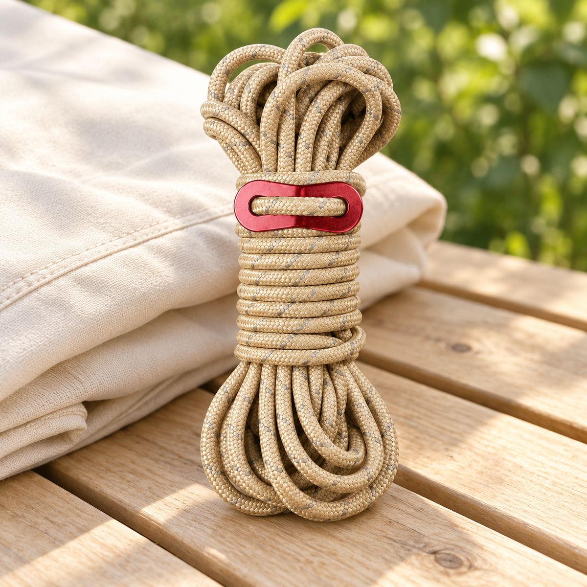 Khaki Guyline with Red Adjuster — styled scene — product illustration