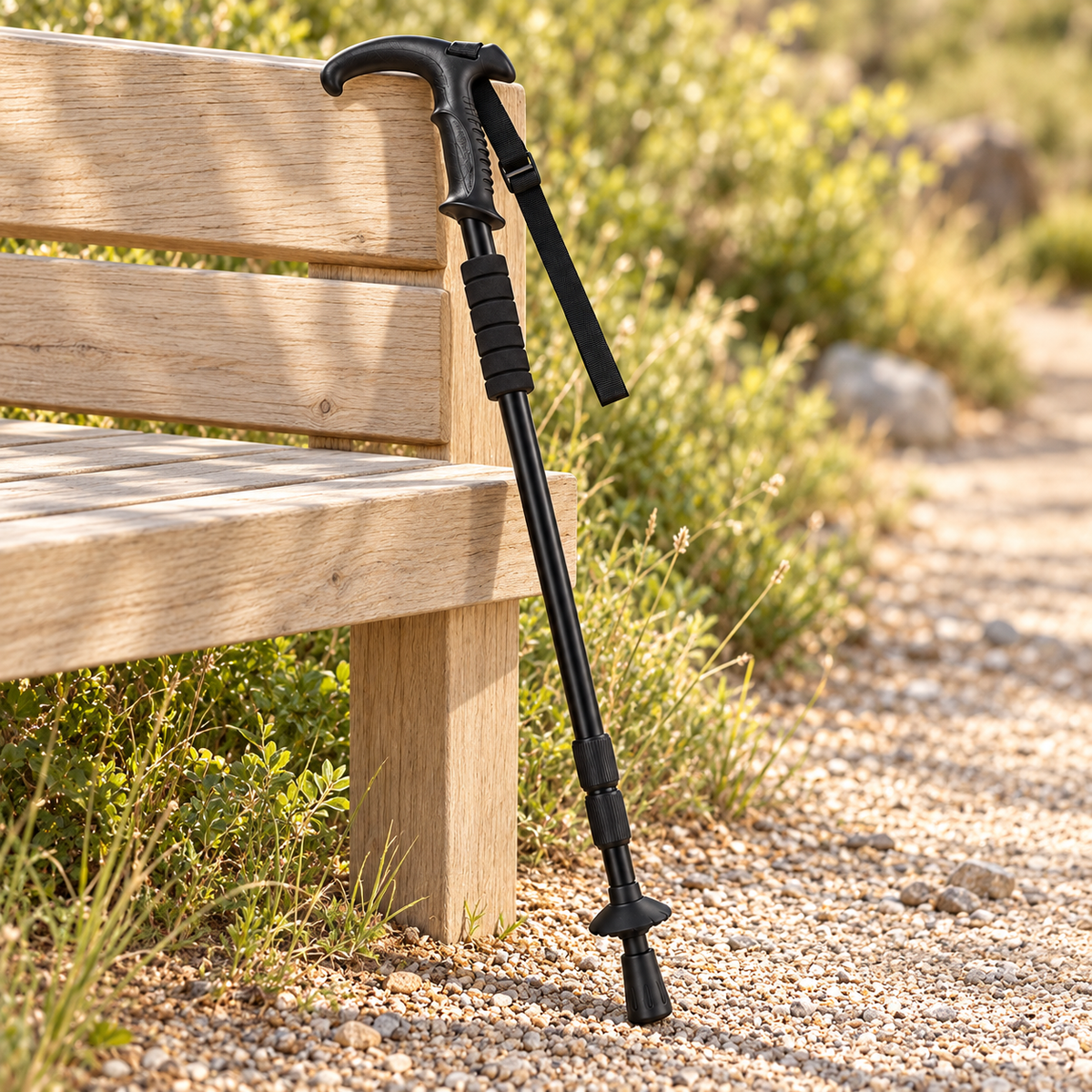 Black Telescoping Hiking Stick — styled scene — product illustration