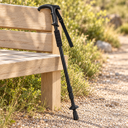 Black Telescoping Hiking Stick — styled scene — product illustration