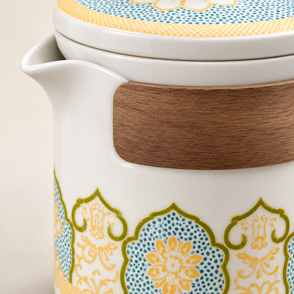 White Patterned Travel Tea Set with Case — detail — product illustration