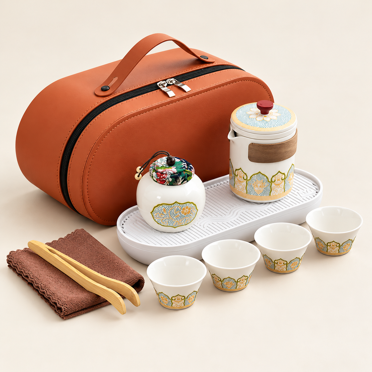 White Patterned Travel Tea Set with Case — product view — product illustration