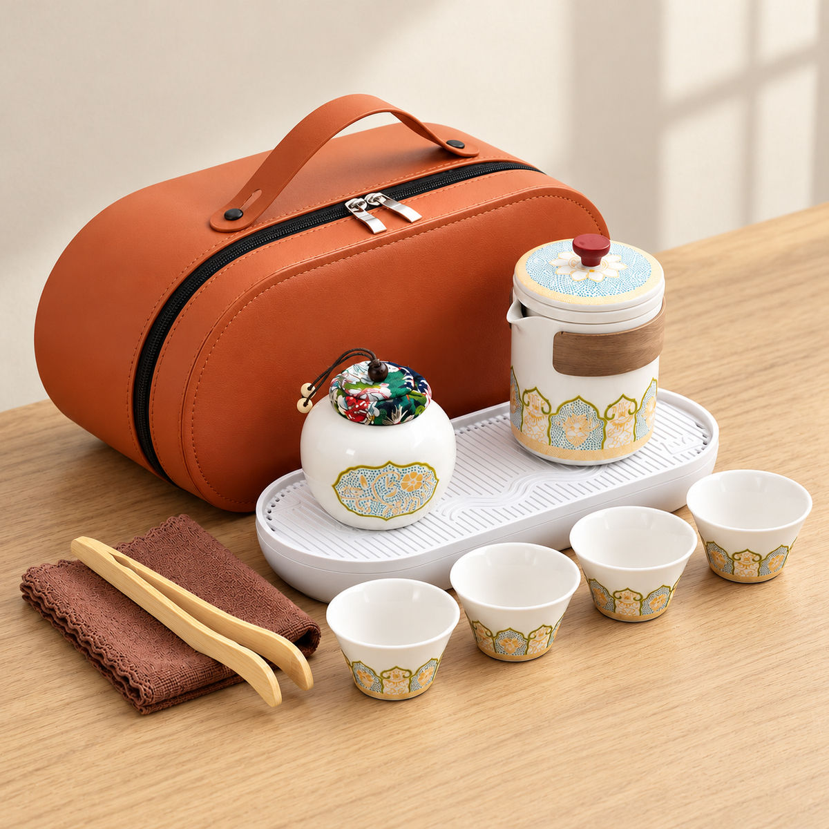 White Patterned Travel Tea Set with Case — styled scene — product illustration