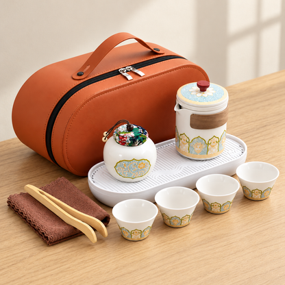 White Patterned Travel Tea Set with Case — styled scene — product illustration