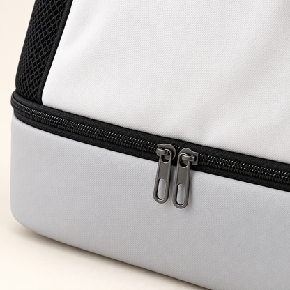 White and Black Drawstring Sports Backpack — detail — product illustration
