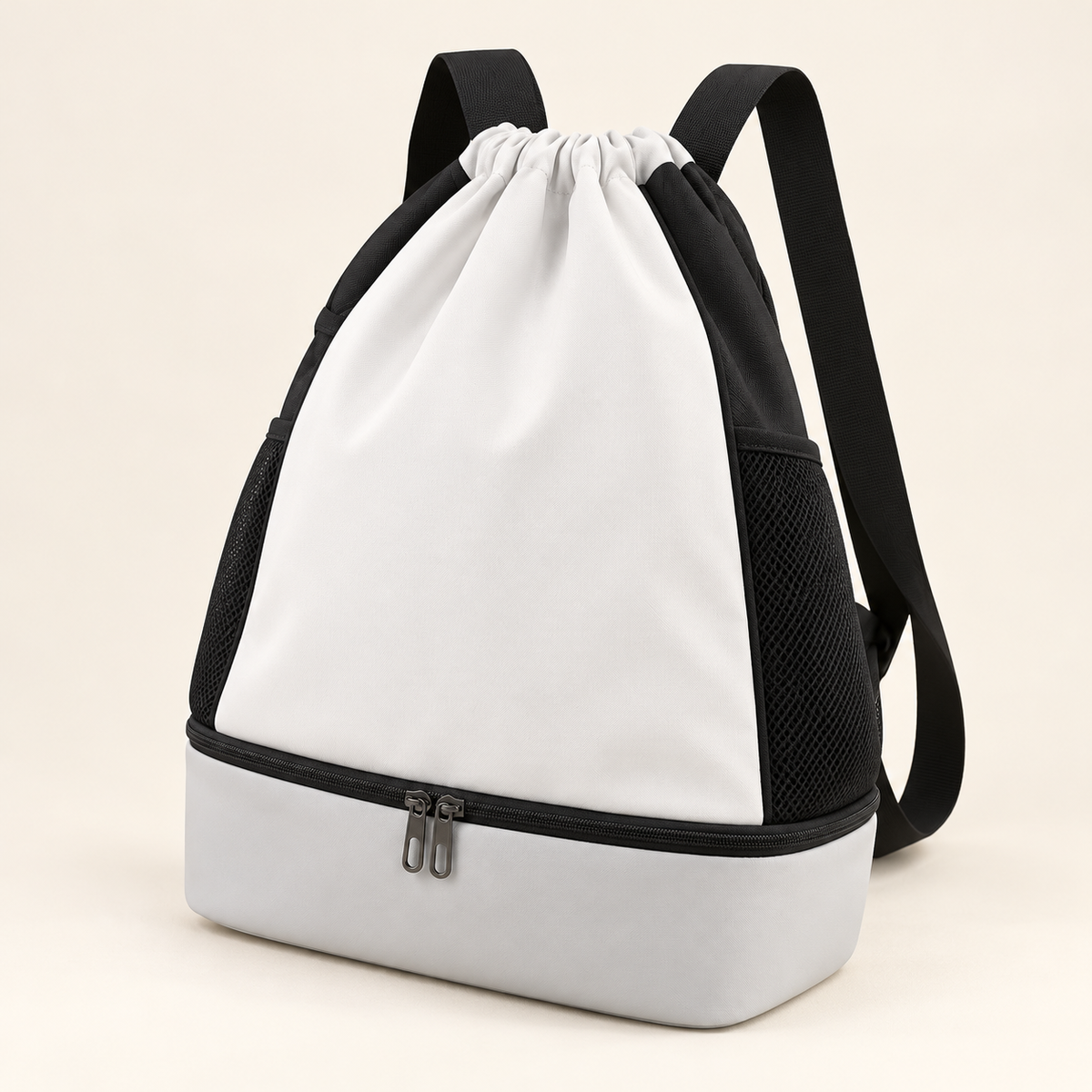 White and Black Drawstring Sports Backpack — product view — product illustration