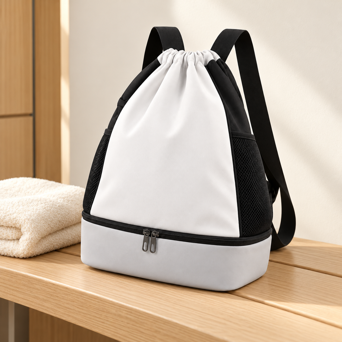 White and Black Drawstring Sports Backpack — styled scene — product illustration