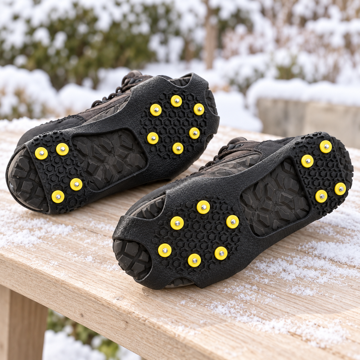 Black Traction Shoe Covers with Yellow Studs — styled scene — product illustration